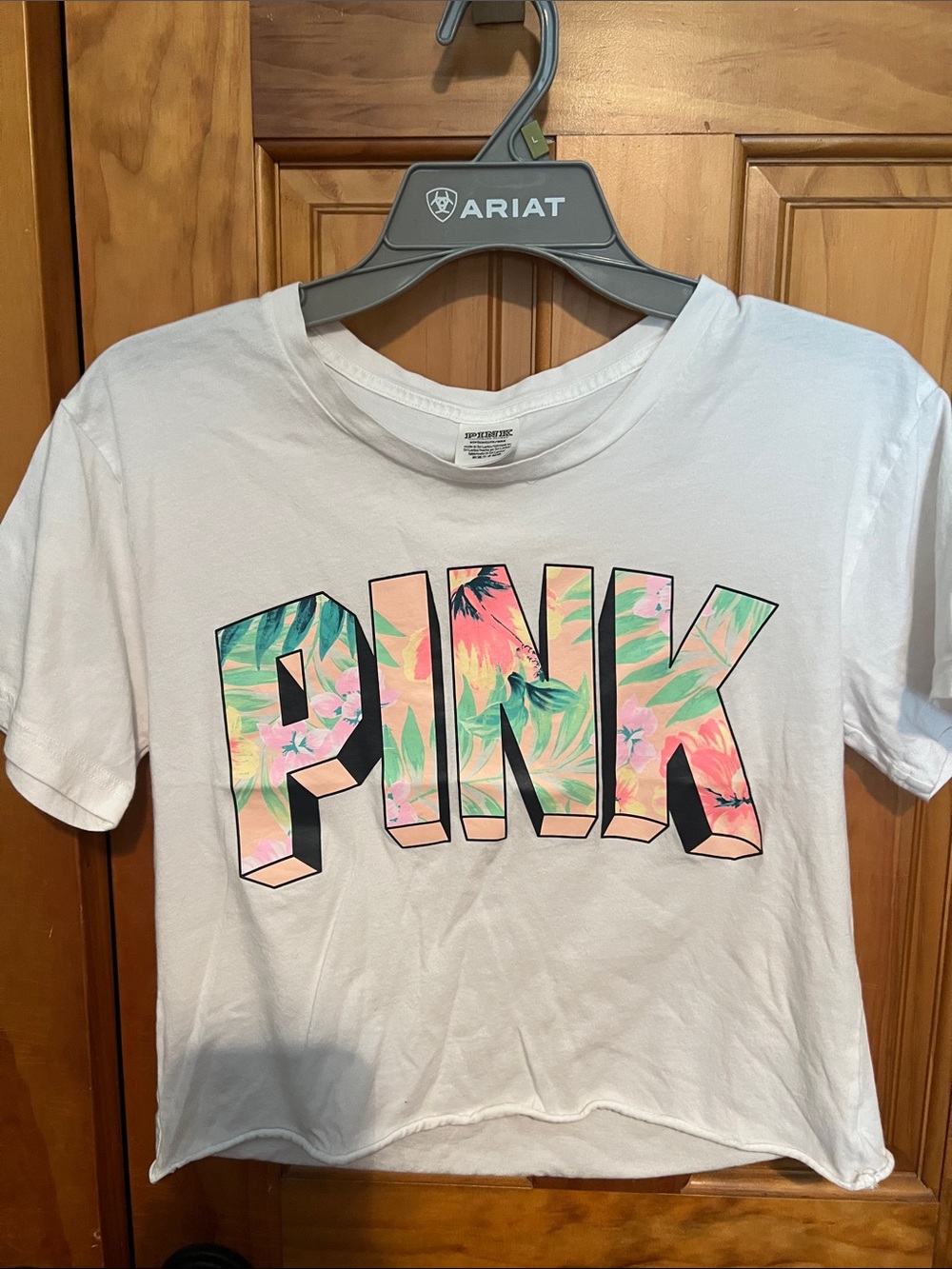 PINK Victoria's Secret White Tee with Tropical Pink & Green Logo small